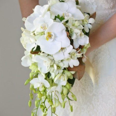 دسته گل ارکید سفید با تزئین سبز یکطرفه